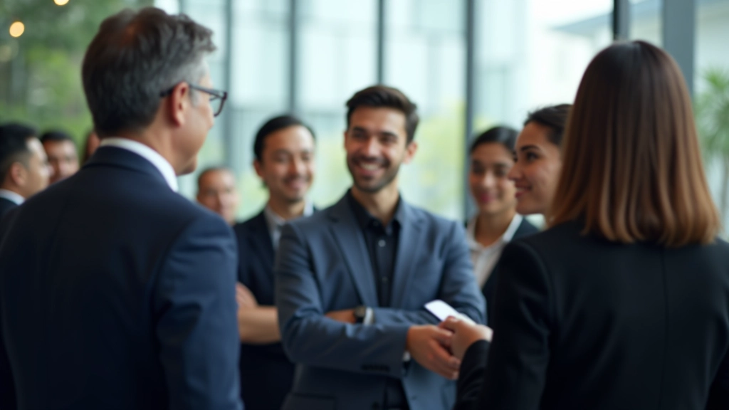 Professional networking event with diverse business professionals engaged in conversation at a modern conference venue