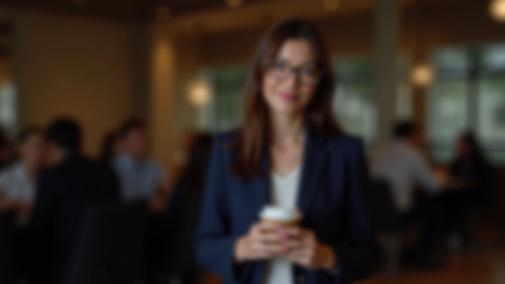 Professional woman in business attire making notes during a networking event, holding a cup of coffee