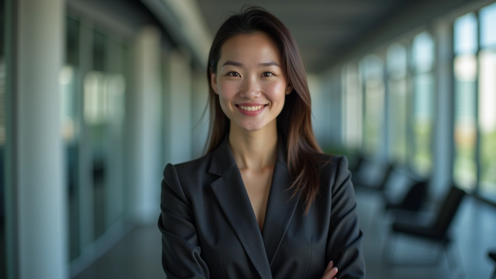 Professional headshot of female coach with confident expression, business attire, office background